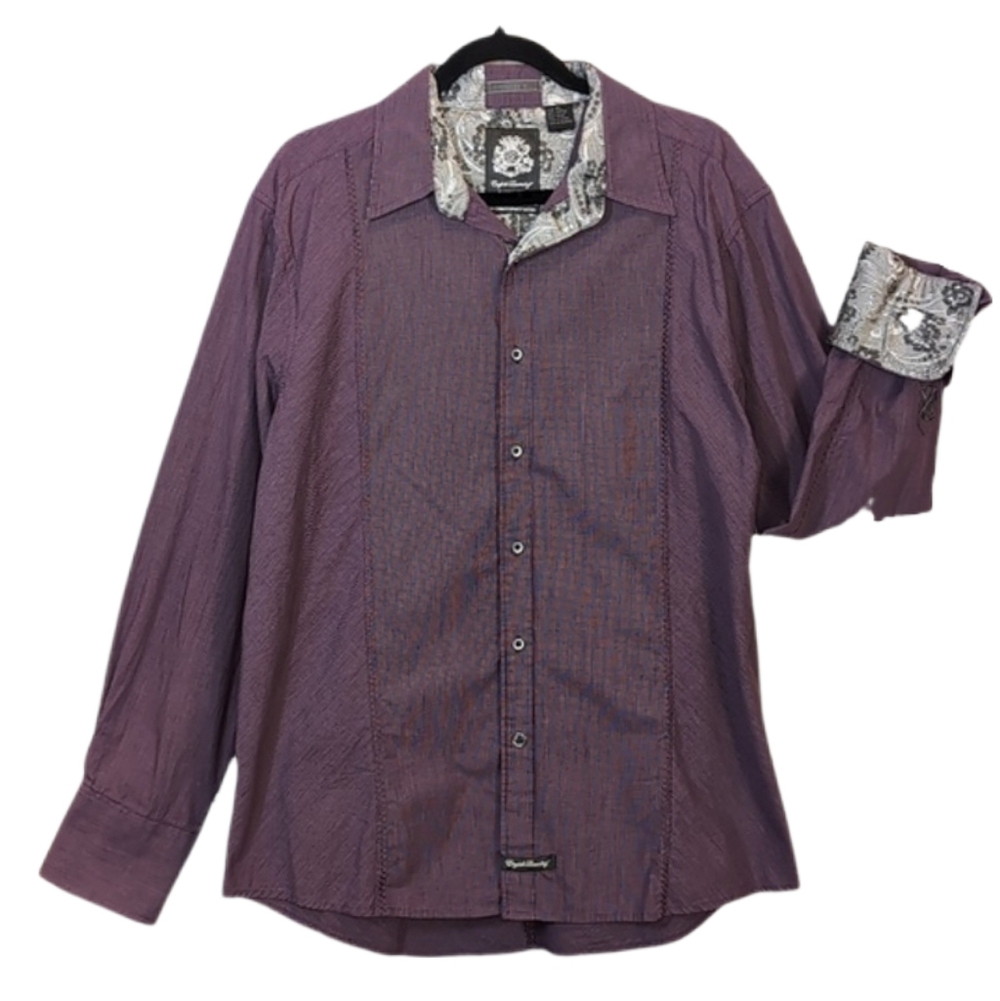 English Laundry Blaque Label Button Down Dress Shirt Purple Silver Paisley Cuff